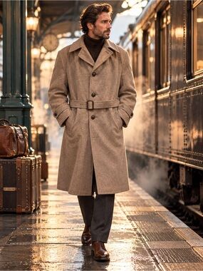 Stratojac Taupe 46 Vintage 70s Wool Belted Trench Coat Military Overcoat